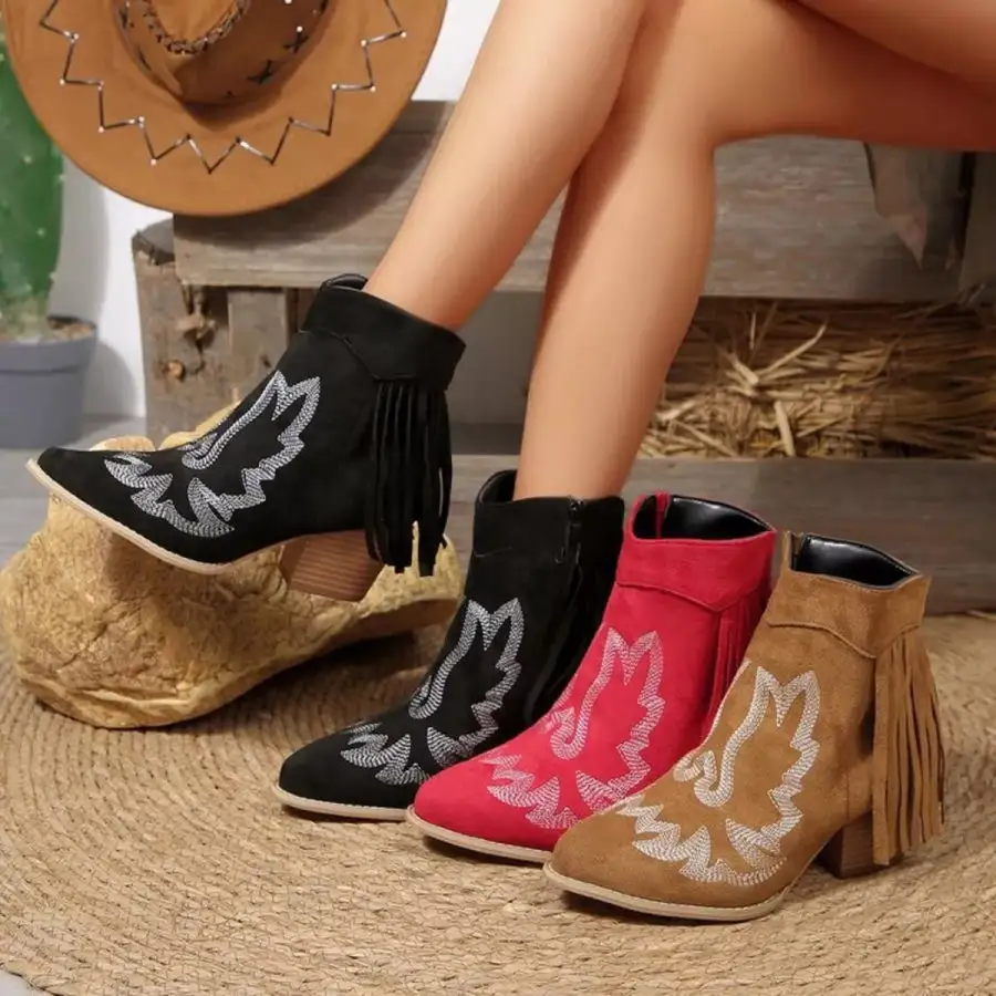 Fringe Point Toe Block Heels Boots