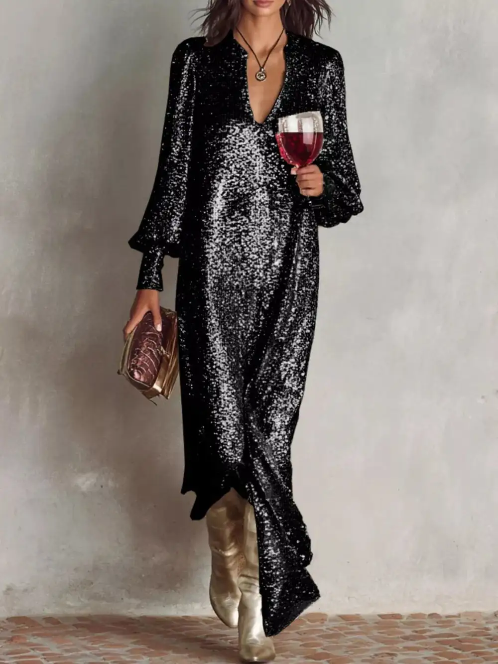 Sequin Lantern Sleeve Maxi Dress