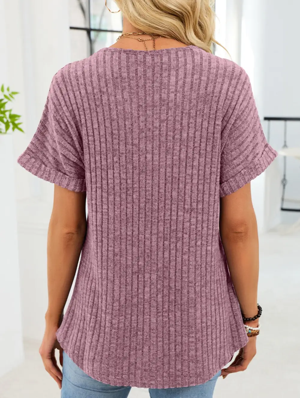 V Neck Button Front Loose Ribbed Tee