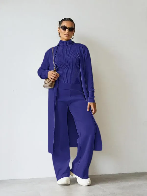 Trendy Knit Turtle Neck Tank & Wide Leg Trousers With Open-Front Long Cardigan Three-Piece Sets