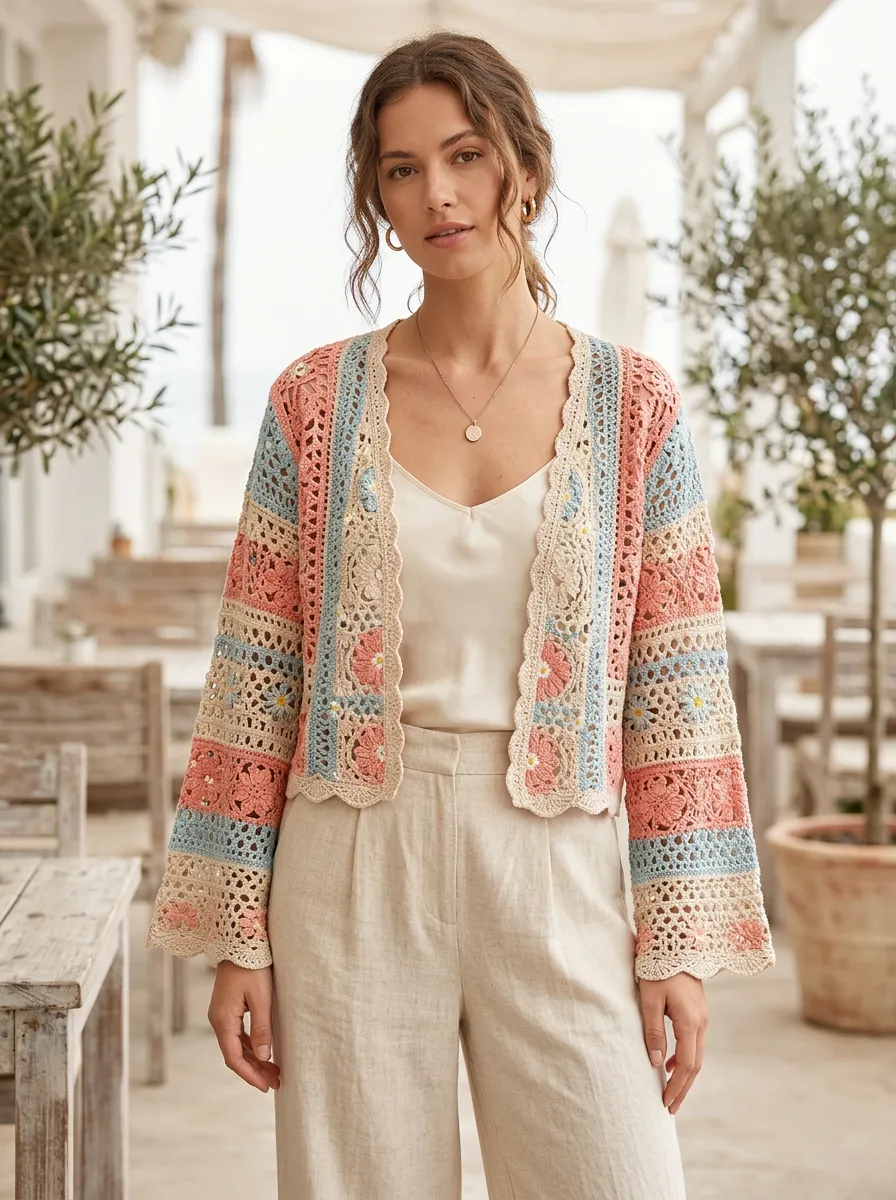 Women's Boho Floral Crochet Striped Open Front Cardigan