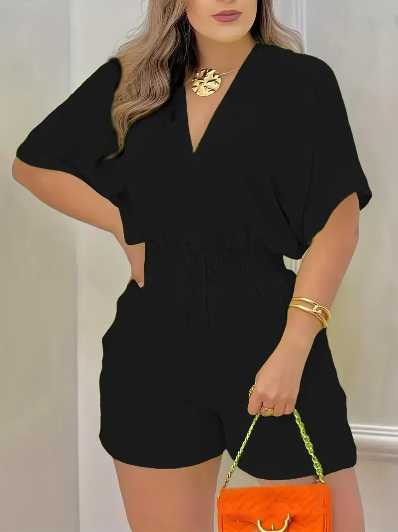 Women's Solid-Color V-Neck Jumpsuit with Drawstring Waist
