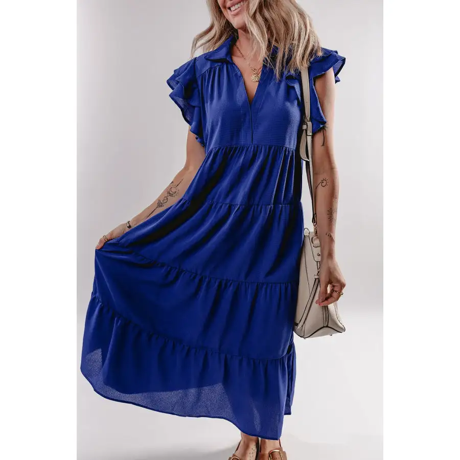 Ruffled Ruffled Short Sleeve Collared V Neck Tiered Midi Dress