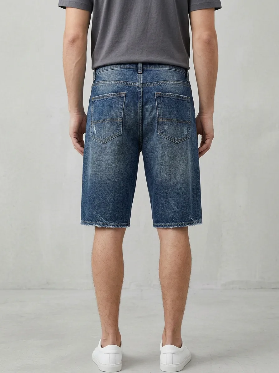 Storage-Ready Distressed Raw Hem Workwear Look Men's Distressed Raw Hem Denim Shorts