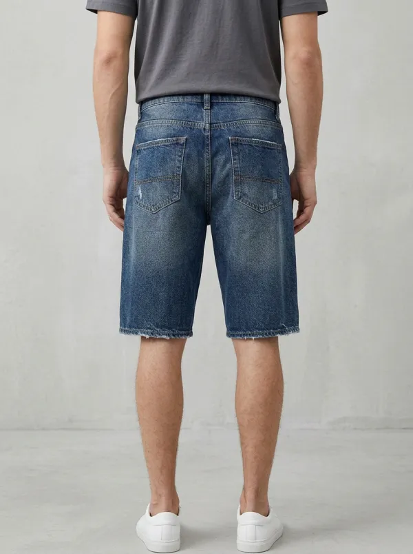 Storage-Ready Distressed Raw Hem Workwear Look Men's Distressed Raw Hem Denim Shorts