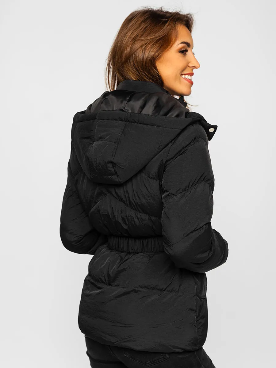 women's black quilted winter jacket with hood