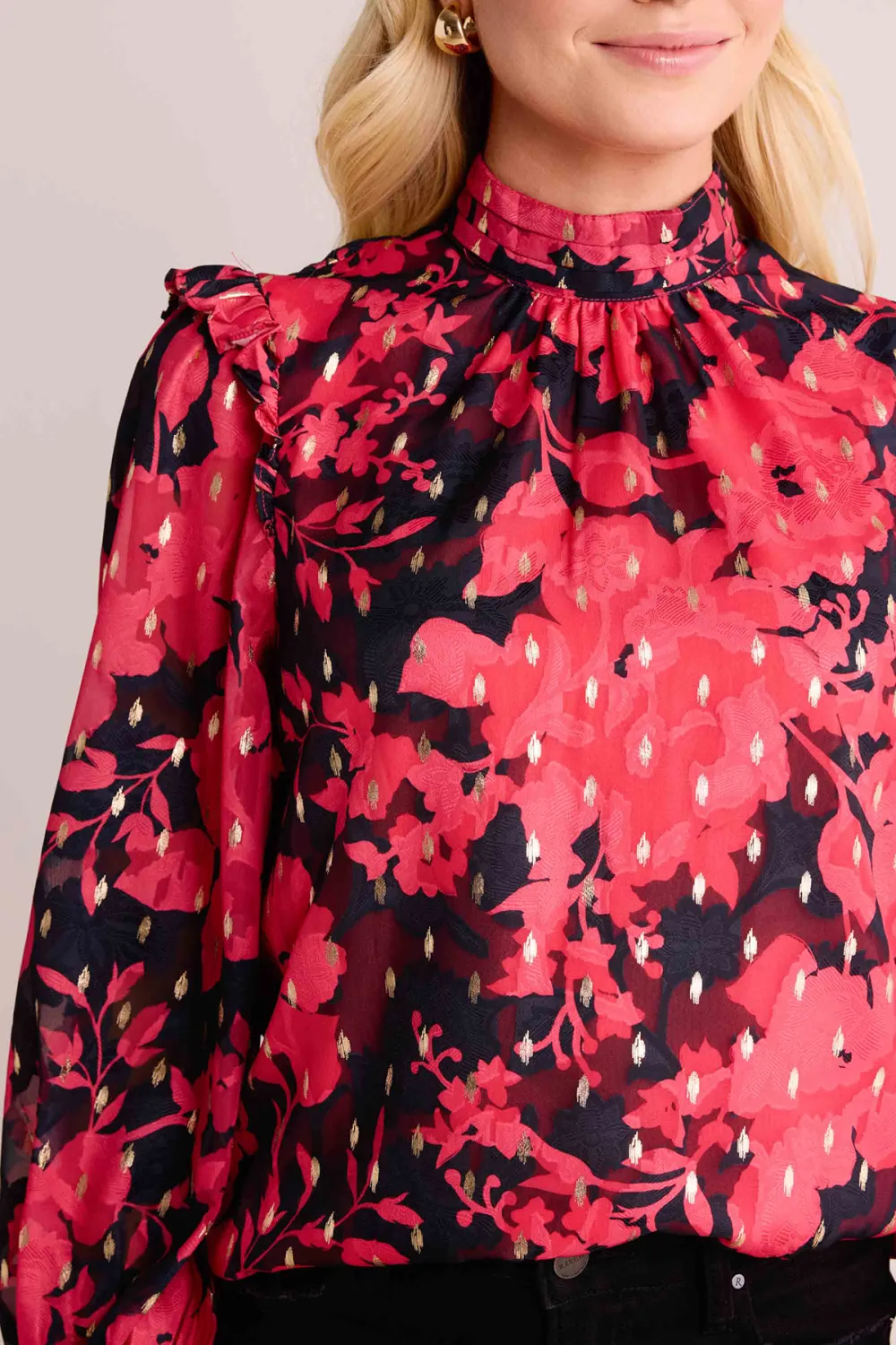 Red Polka Dot Balloon Sleeve High Neck Blouse