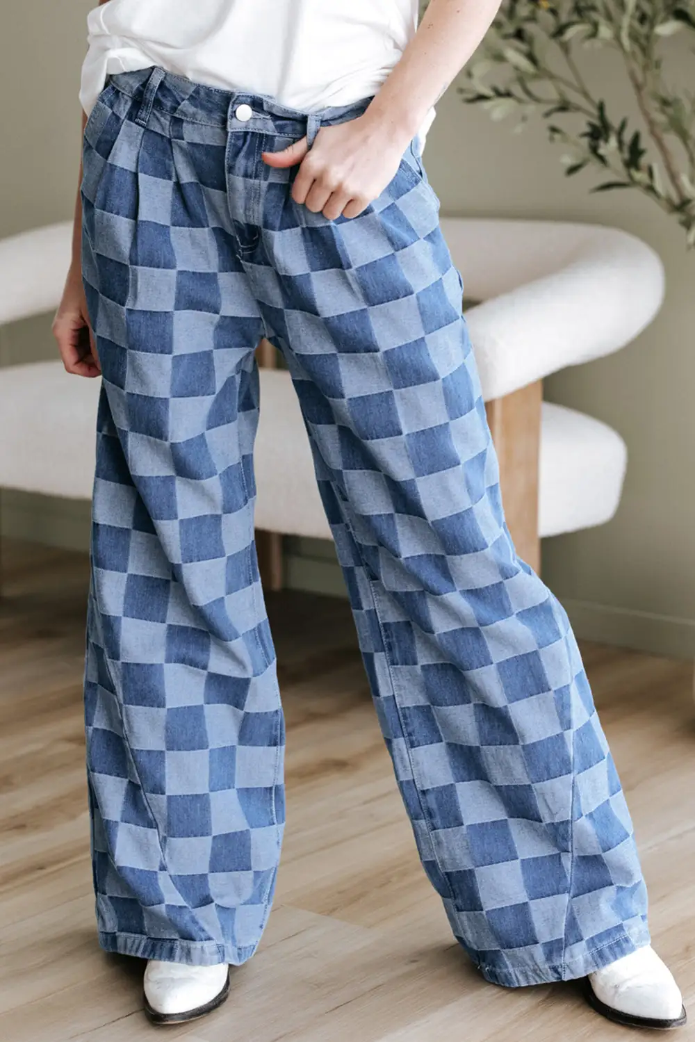 Checkered Denim Wide Leg Jeans