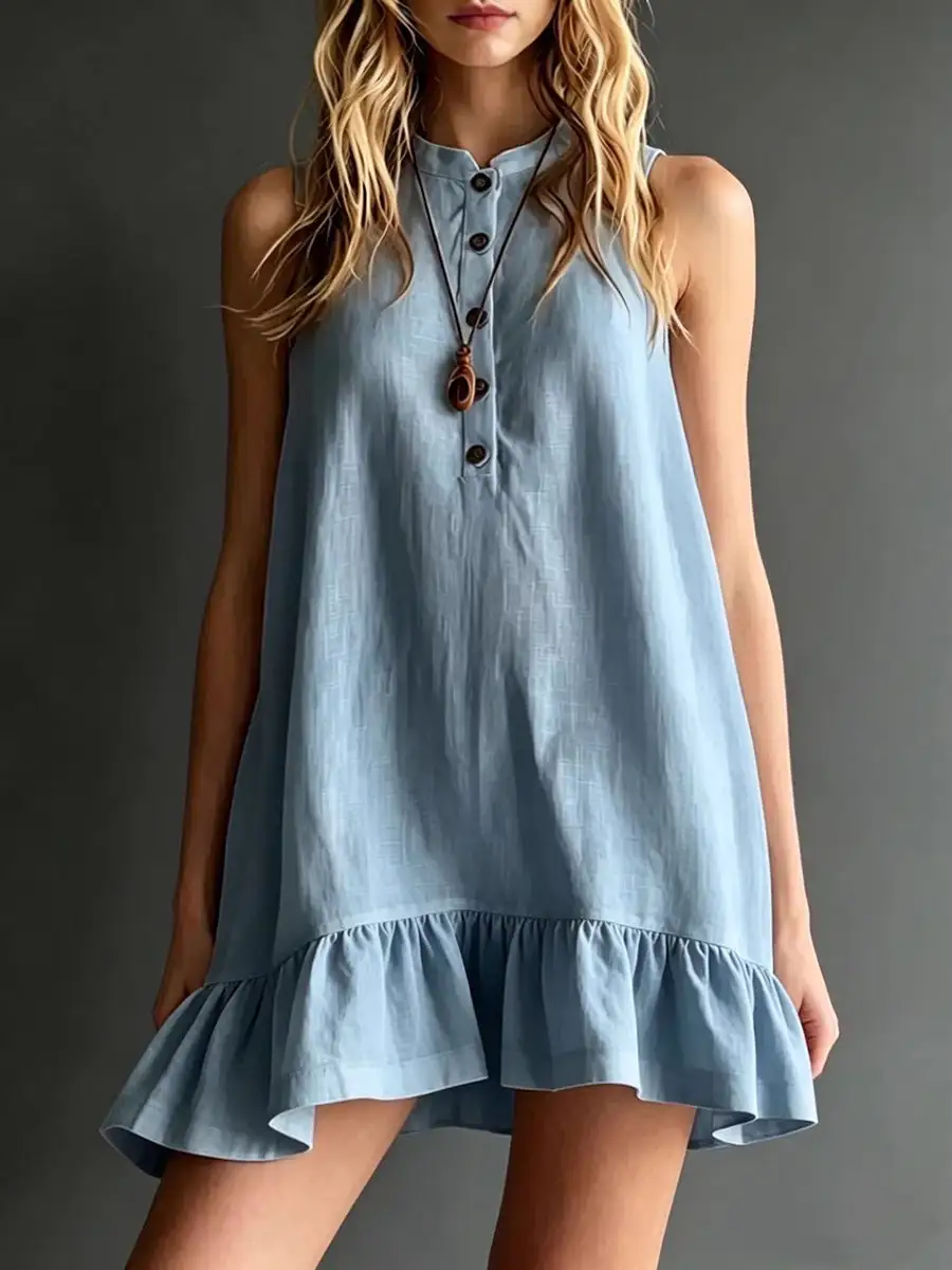 A Line Relaxed Buttoned Pleated Solid Color Round Neck Mini Dress