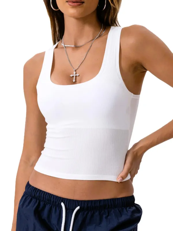 Women Rib Tank Top Padded Workout Top Square Neck Crop Tank