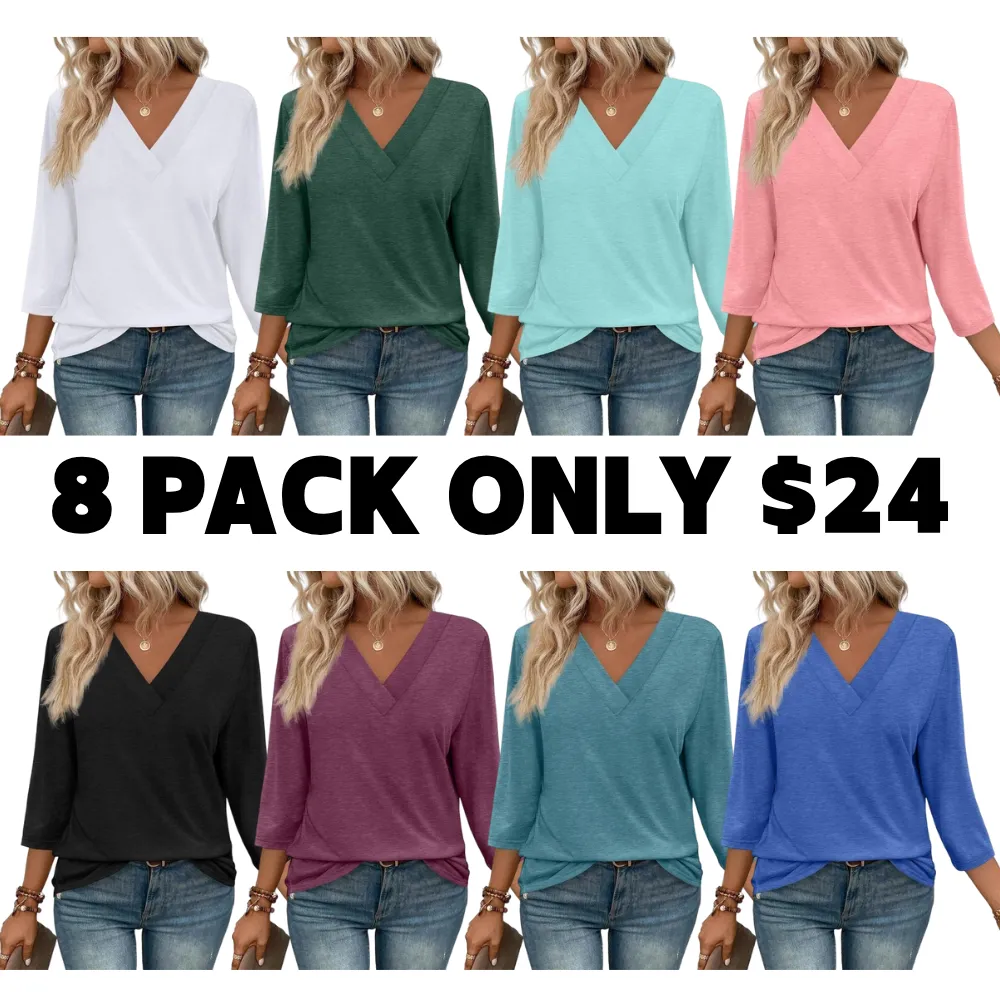 3/4 Length Sleeve Women's Tops V Neck Casual Tunic Tops Basic Shirts