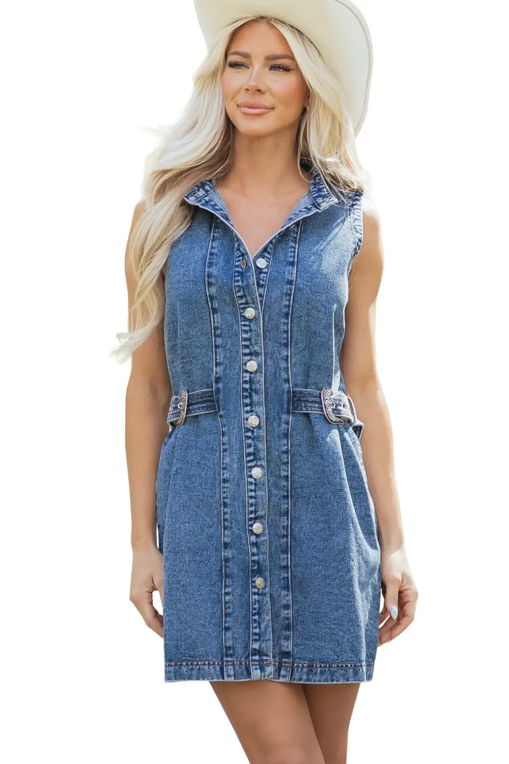 Polished Detail Denim Button Front Sleeveless Dress