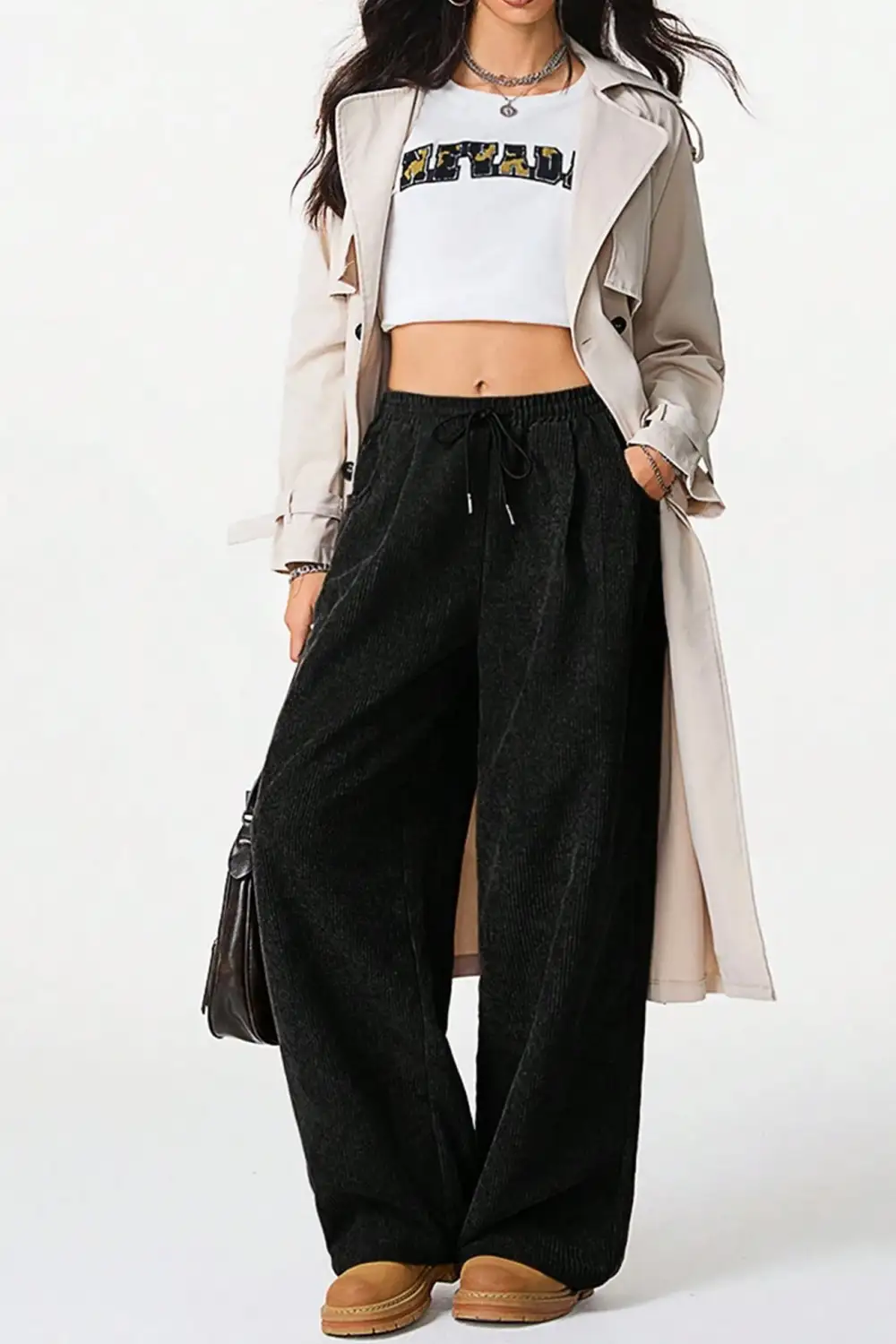Relaxed Drawstring Wide Leg Flannel Pants