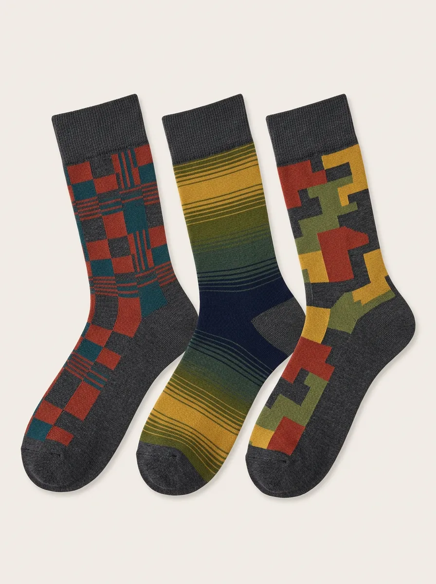Men's Geometric Plaid Striped Pattern Print 3-Pack Socks