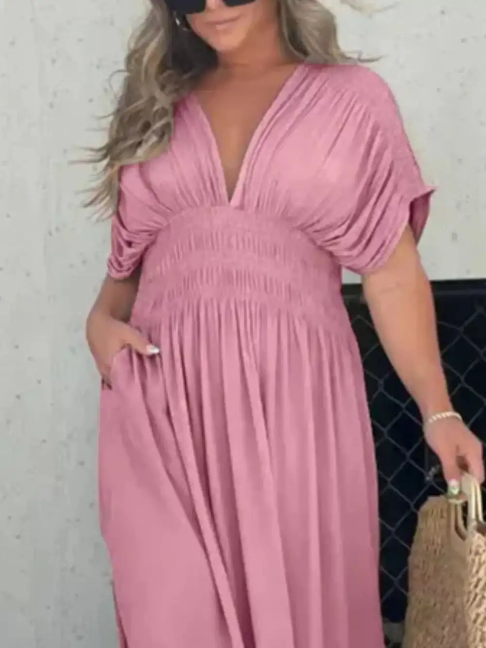 V Neck Smocked Slit Maxi Dress