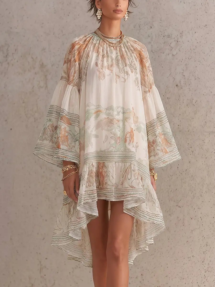 Flared Sleeve High Low Flower Print Pleated Mock Neck Mini Dress