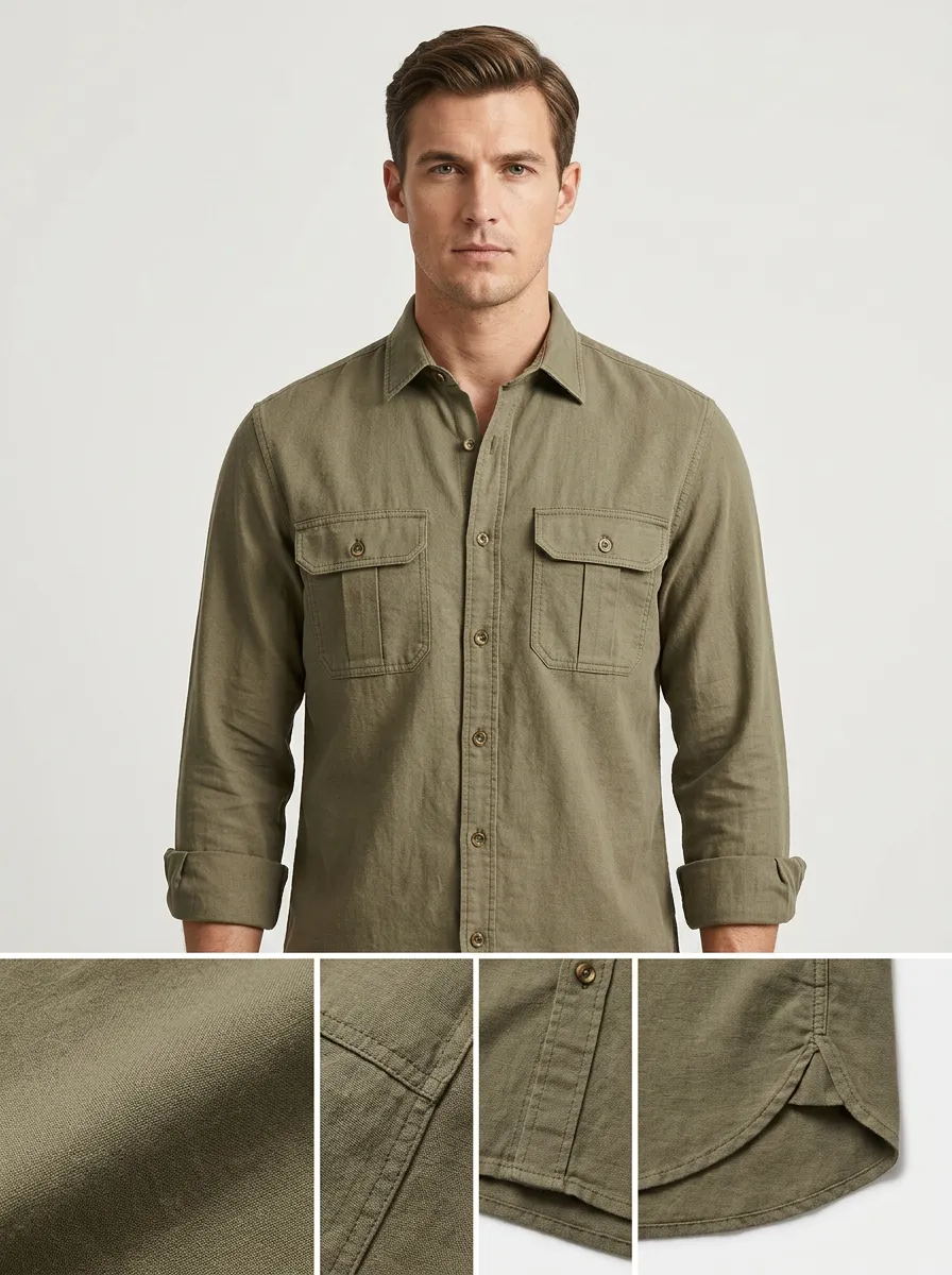 Men's Casual Olive Green Breathable Linen Button-Down Shirt