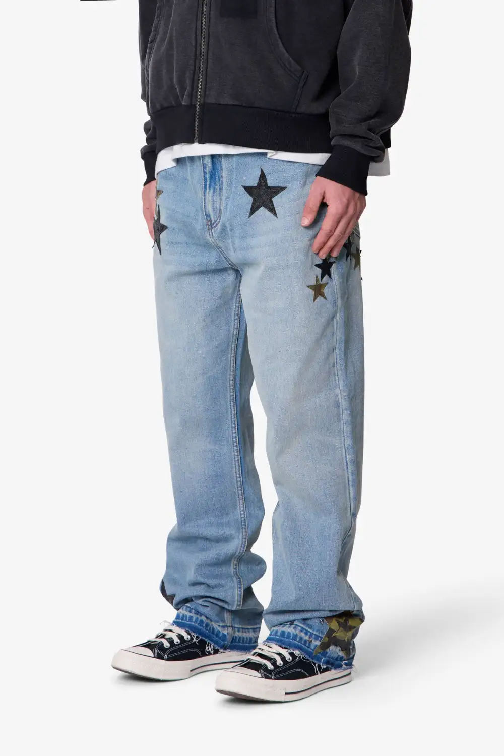 Baggy Patterned Star Patch Jeans