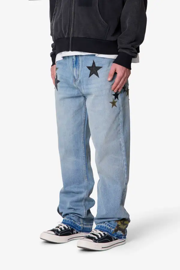 Baggy Patterned Star Patch Jeans