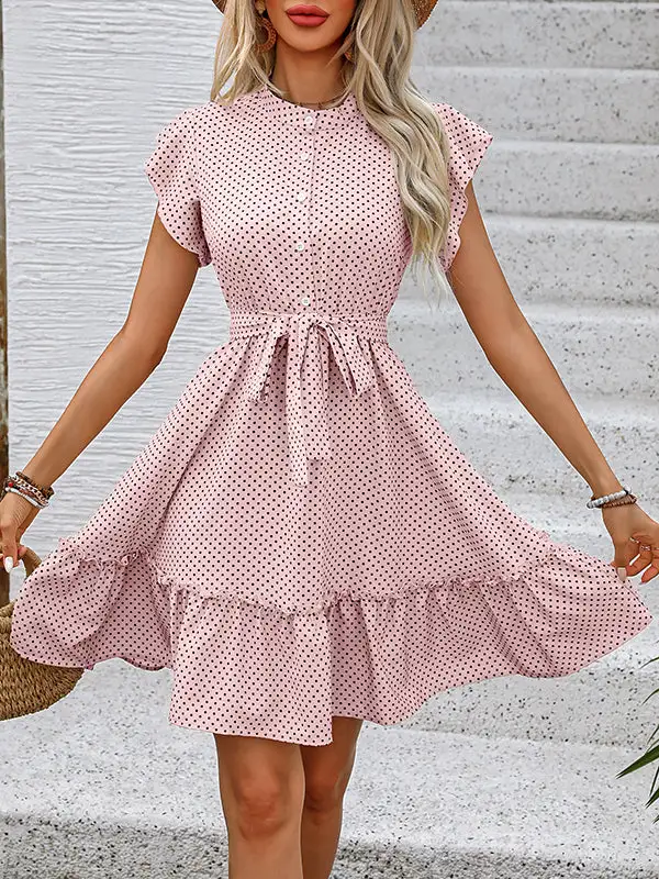 A Line Relaxed Buttoned Pleated Polka Dot Tied Waist Round Neck