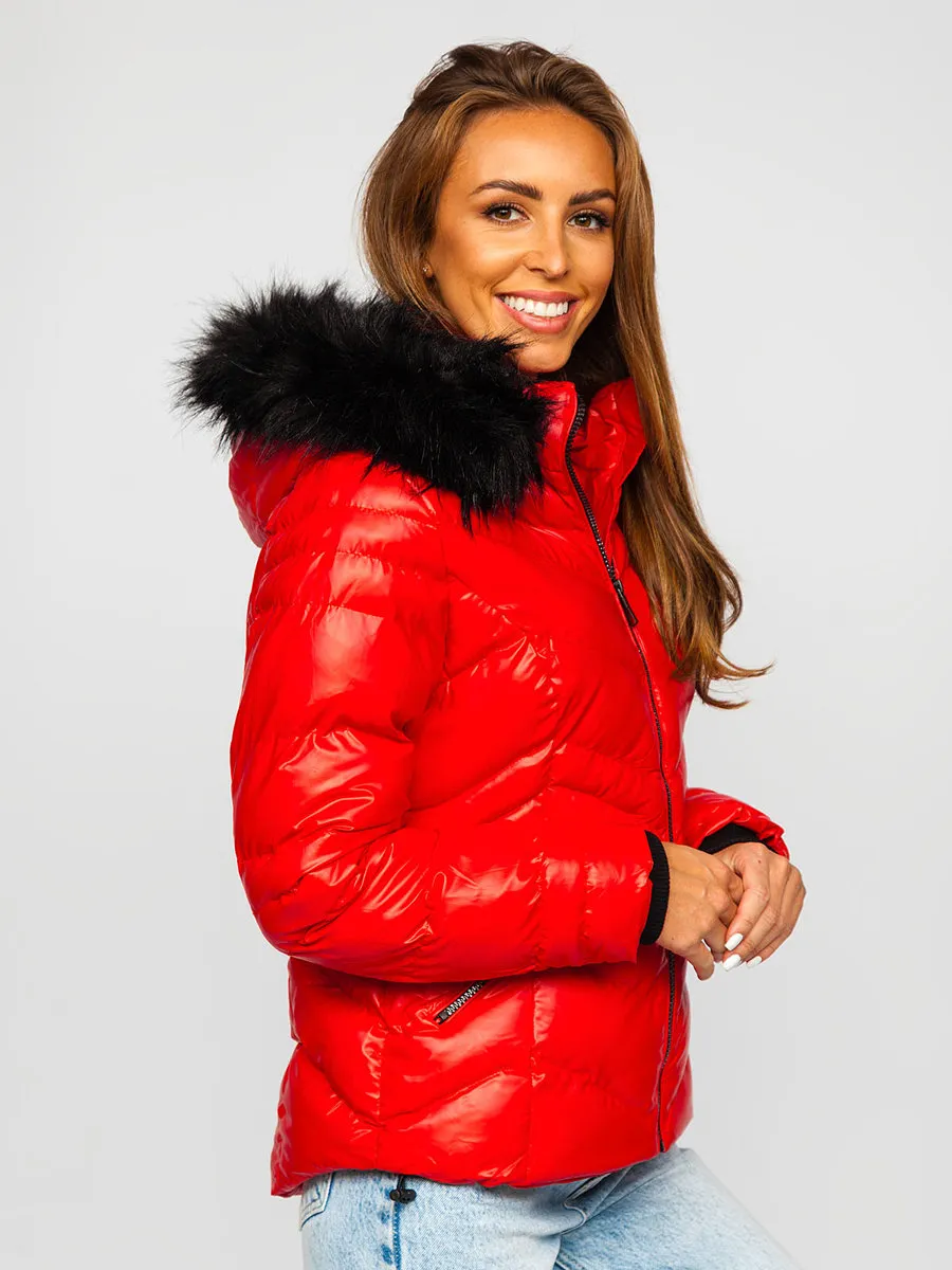 women's red quilted winter jacket with hood
