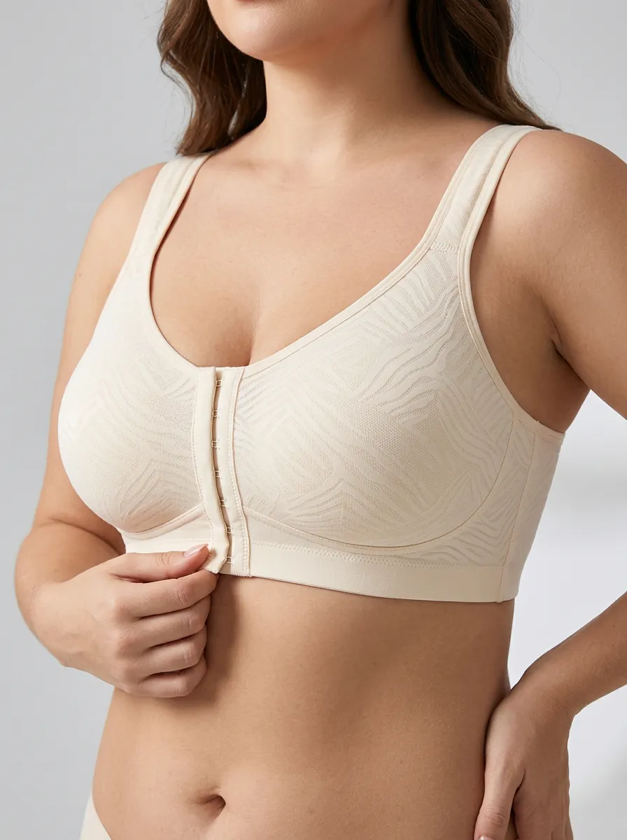Women's Plus Size Beige Geometric Front-Closure Full-Coverage Wireless Bralette