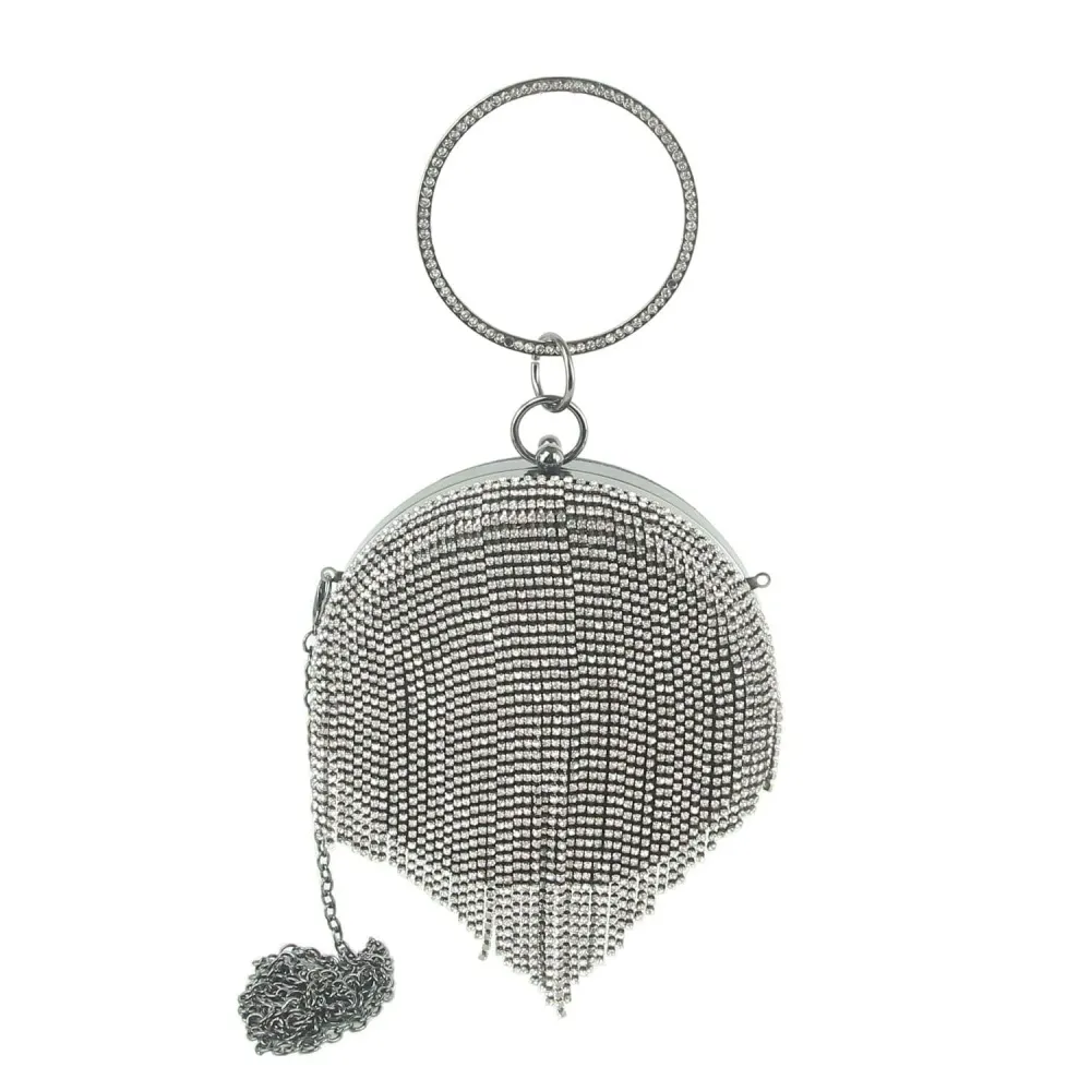 Crystal Accent Fringed Chain Accent Faux Leather Wristlet Clutch Bag