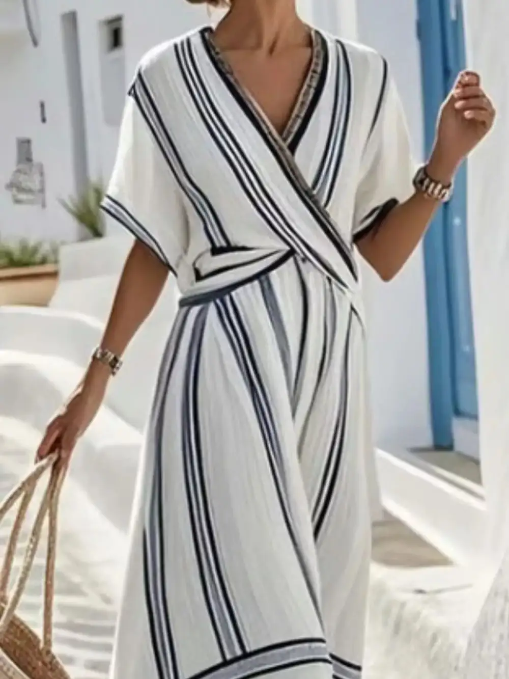 Lined Striped Short Sleeve Wrap Maxi Dress