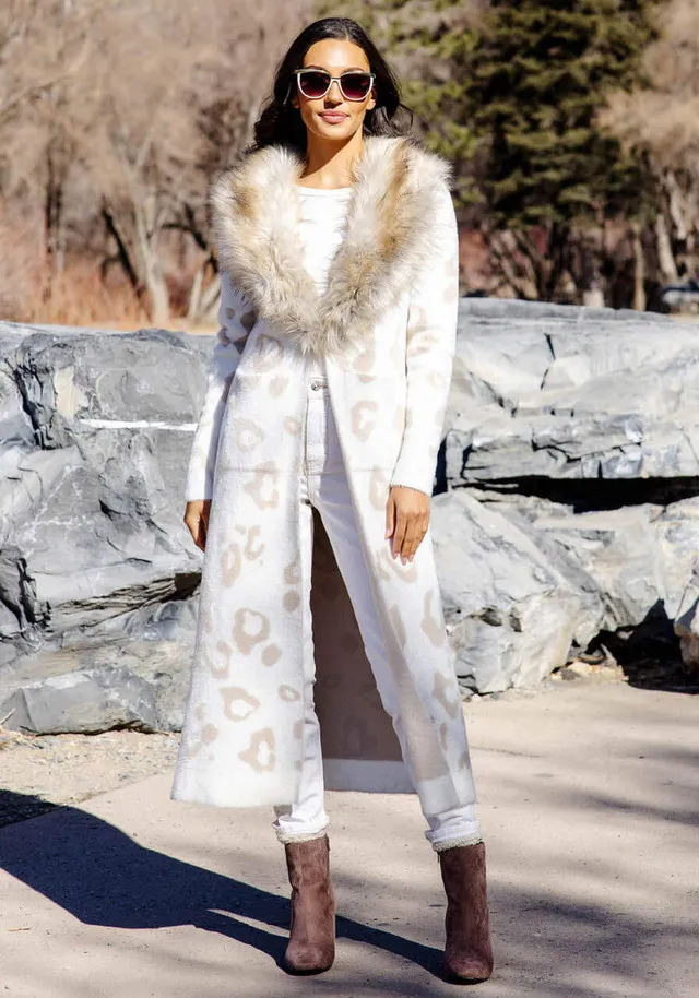 Lvory Leopard Fox Collar Duster Sweater