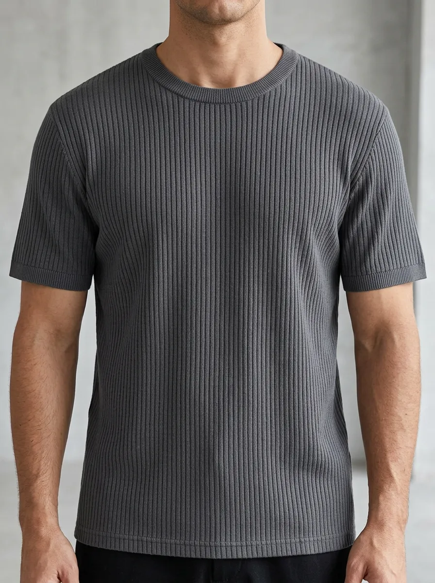 Ribbed-Knit Minimal Men's Knit Crew-Neck T-Shirt