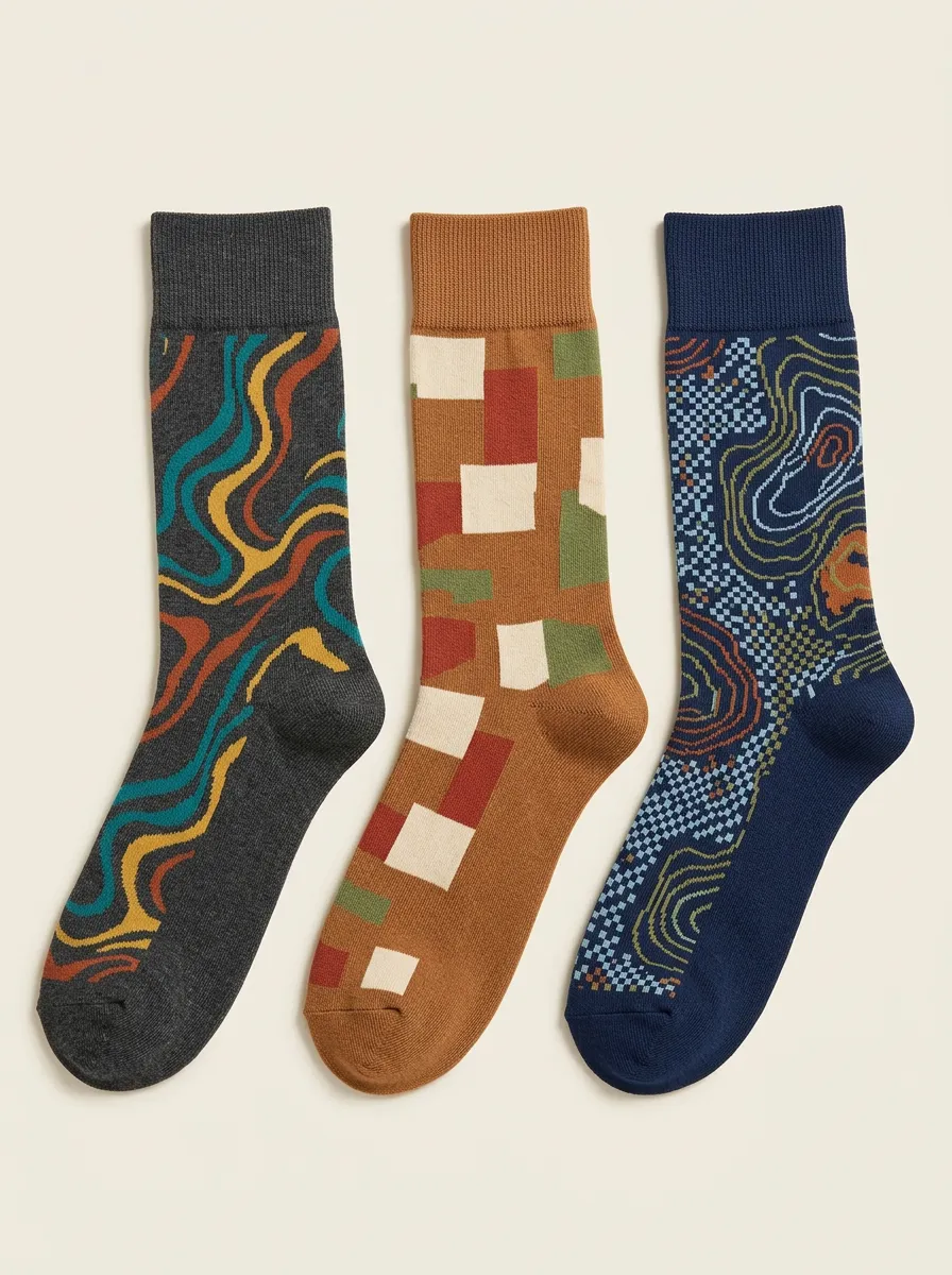 Men's Abstract Geometric Pattern Print Ribbed Cuffs Provide Secure Fit 3-Pack Socks