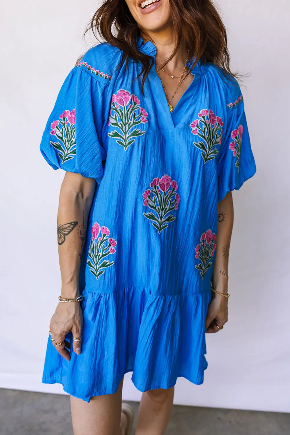 Polished Detail Floral Embroidered Split Neck Dress