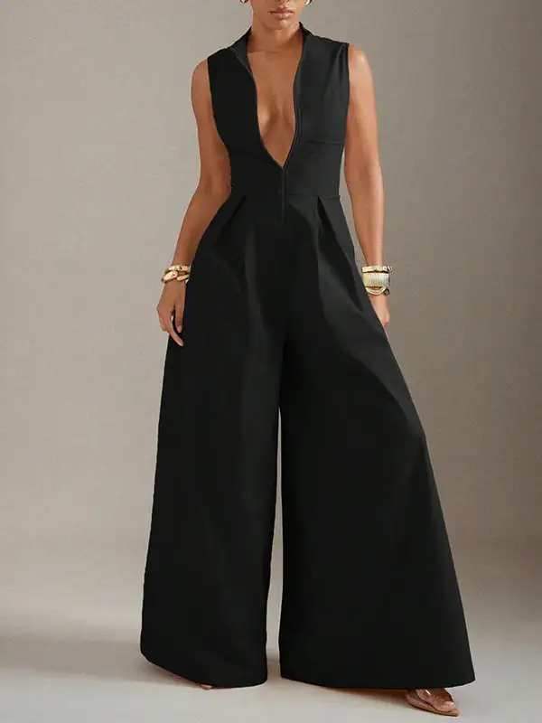 Mouwloze Jumpsuits Met Wijde Pijpen Geplooide Effen Kleur