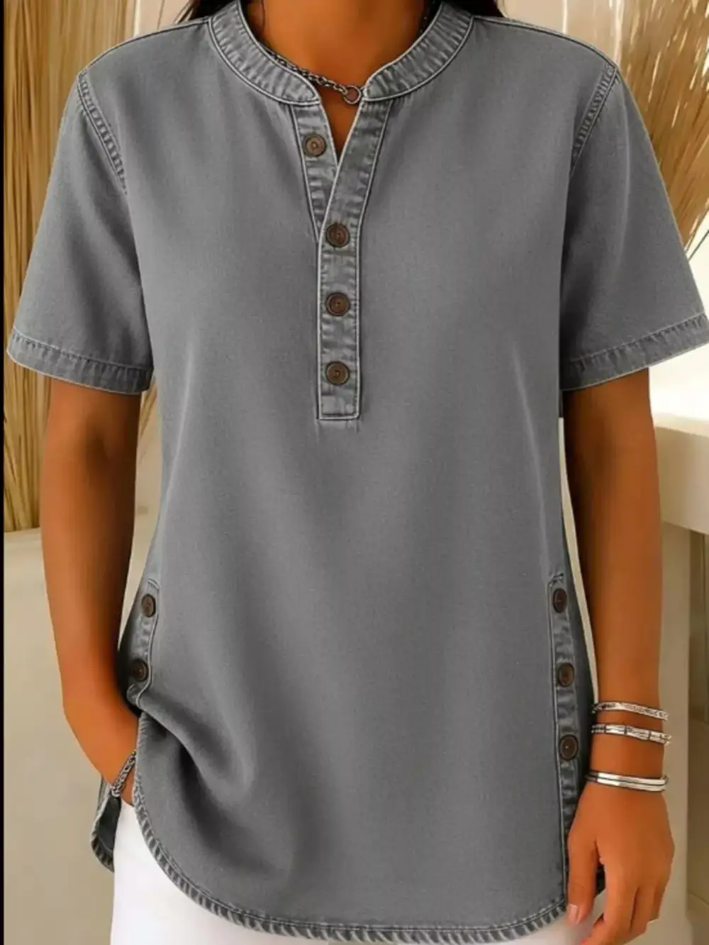 Button Detail Short Sleeve Blouse Plus