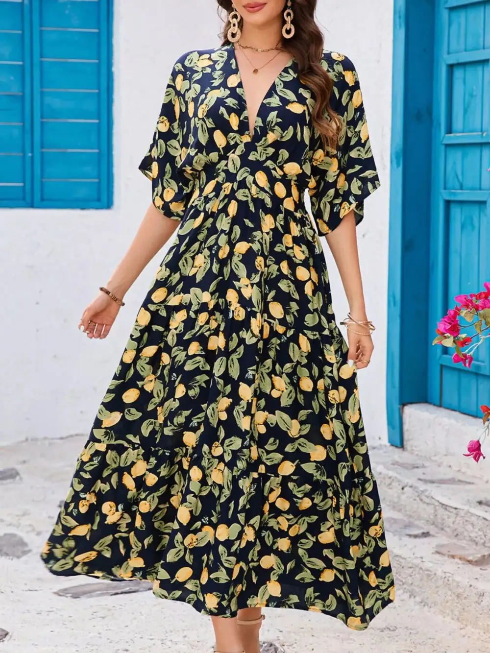 V-Neck Ruffle Hem Flowy Midi Dress