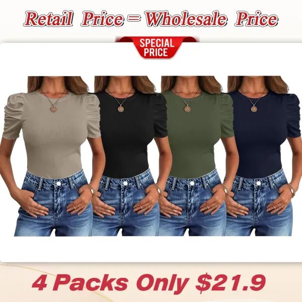 Women Puff Short Sleeve Crewneck Dressy Casual Tops