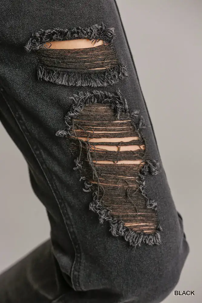 Multi Pocket Non Stretch Straight Cut Distressed Denim Jeans With Raw Hem