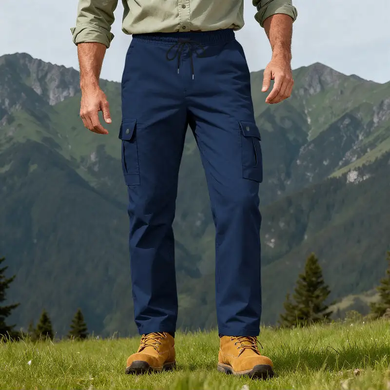 Men's Robust Leisure Cargo Pants with Elastic Waistband Drawstring and Multiple Pockets