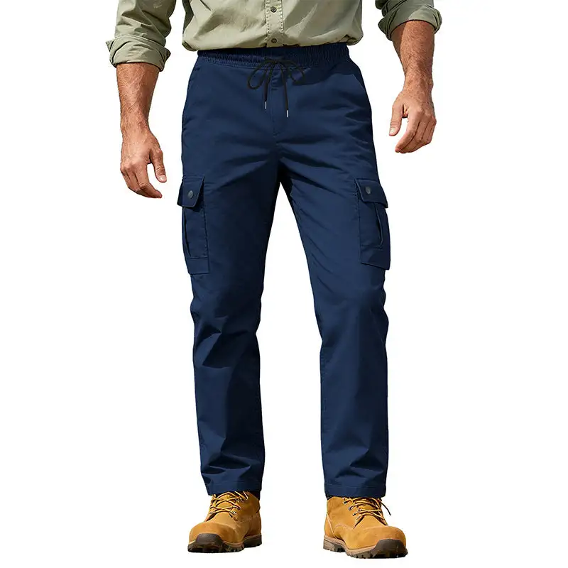 Men's Robust Leisure Cargo Pants with Elastic Waistband Drawstring and Multiple Pockets