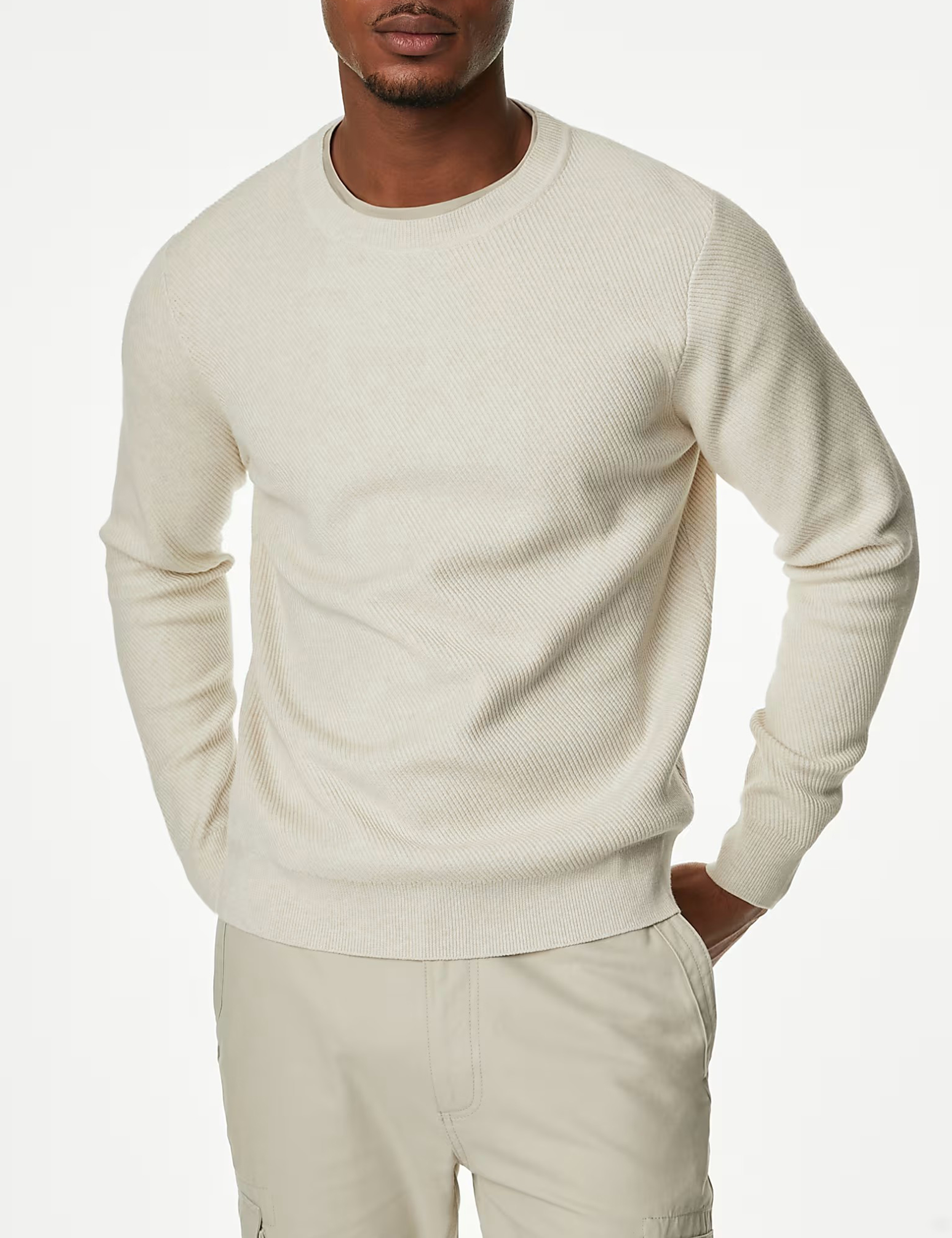 Men's Navy Textured Crew Neck Cotton Jumper