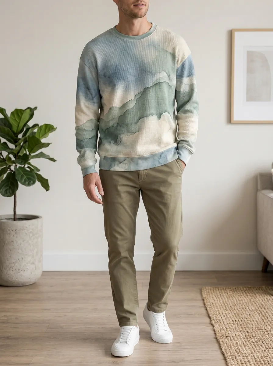 Men's Blue Landscape Printed Waffle Crewneck Sweatshirt