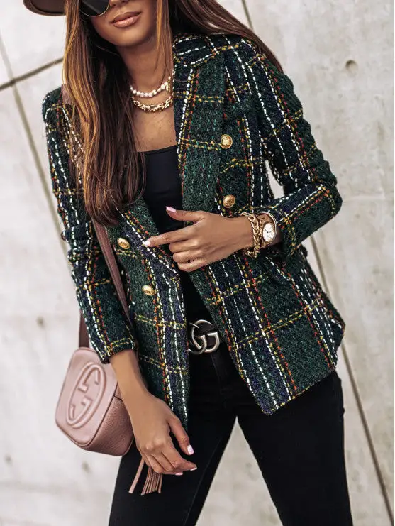 Checked Double-Breasted Women's Blazer