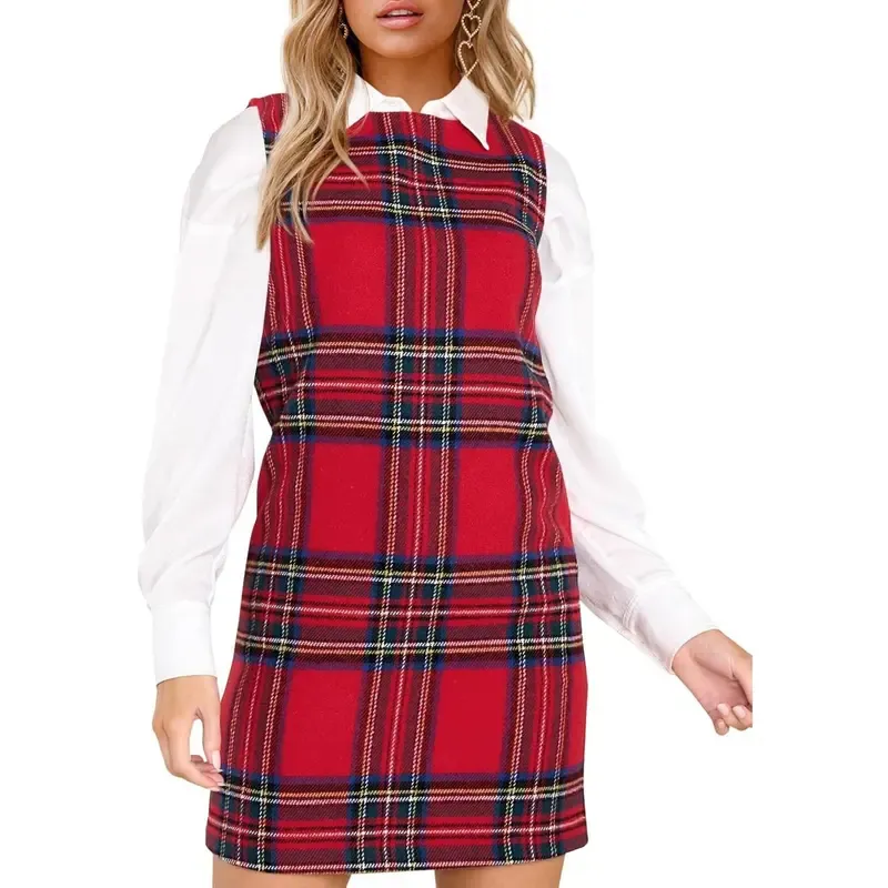 🔥Last Day 49% Offer-Women's Plaid Christmas Dress Mini Sleeveless Round Neck A Line Short Xmas Party Dresses
