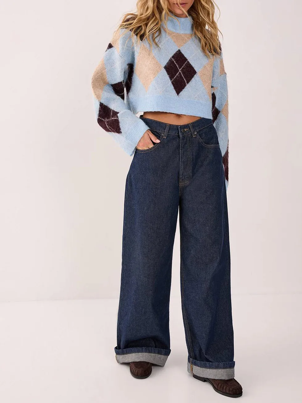 Women'S Stylish Contrast Argyle Knit Cropped Sweater