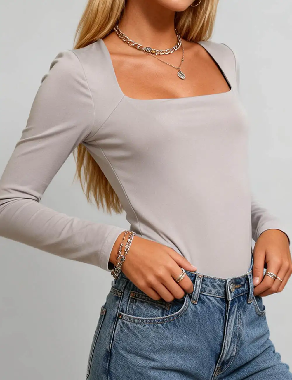 Solid Color Square Neck Long Sleeves Bodysuit
