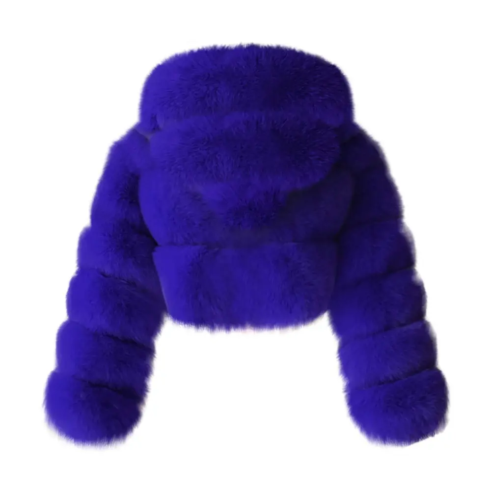 Blue Faux Fur Coat Women with Hood Cropped Bubble Coats Fleece Short Warm Jackets Plus Size Winter Coats for Women