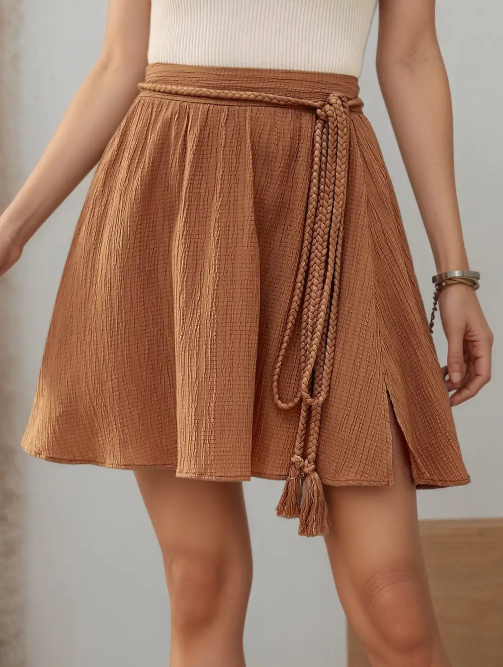 High Waist Tassel Tie A-Line Skirt