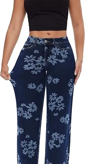 Mid-low Rise Baggy Jeans Stretchy Wide Leg for Women Distressed Pants