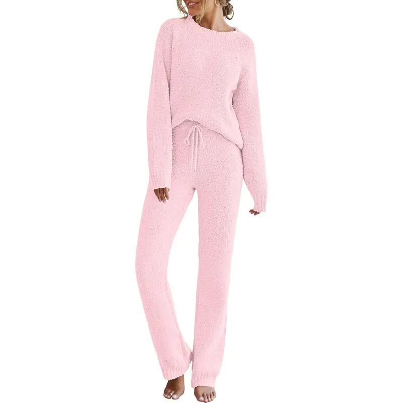 Womens Fuzzy Fleece Long Sleeve 2 Piece Loungewear Outfits Sweater Pants Pajama Sets