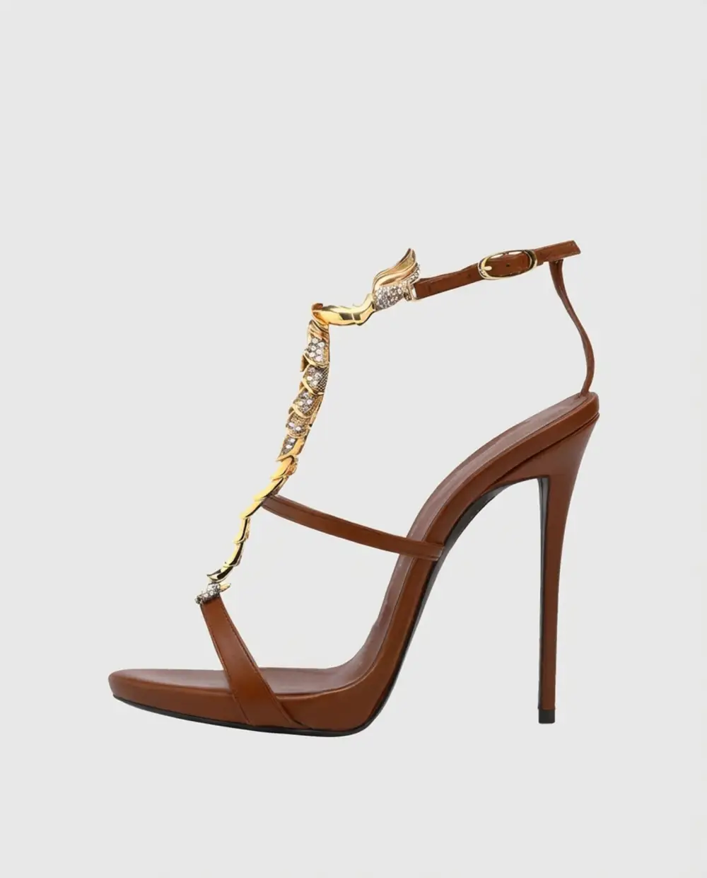 Rhinestone Scorpion Strap Sandals in Brown
